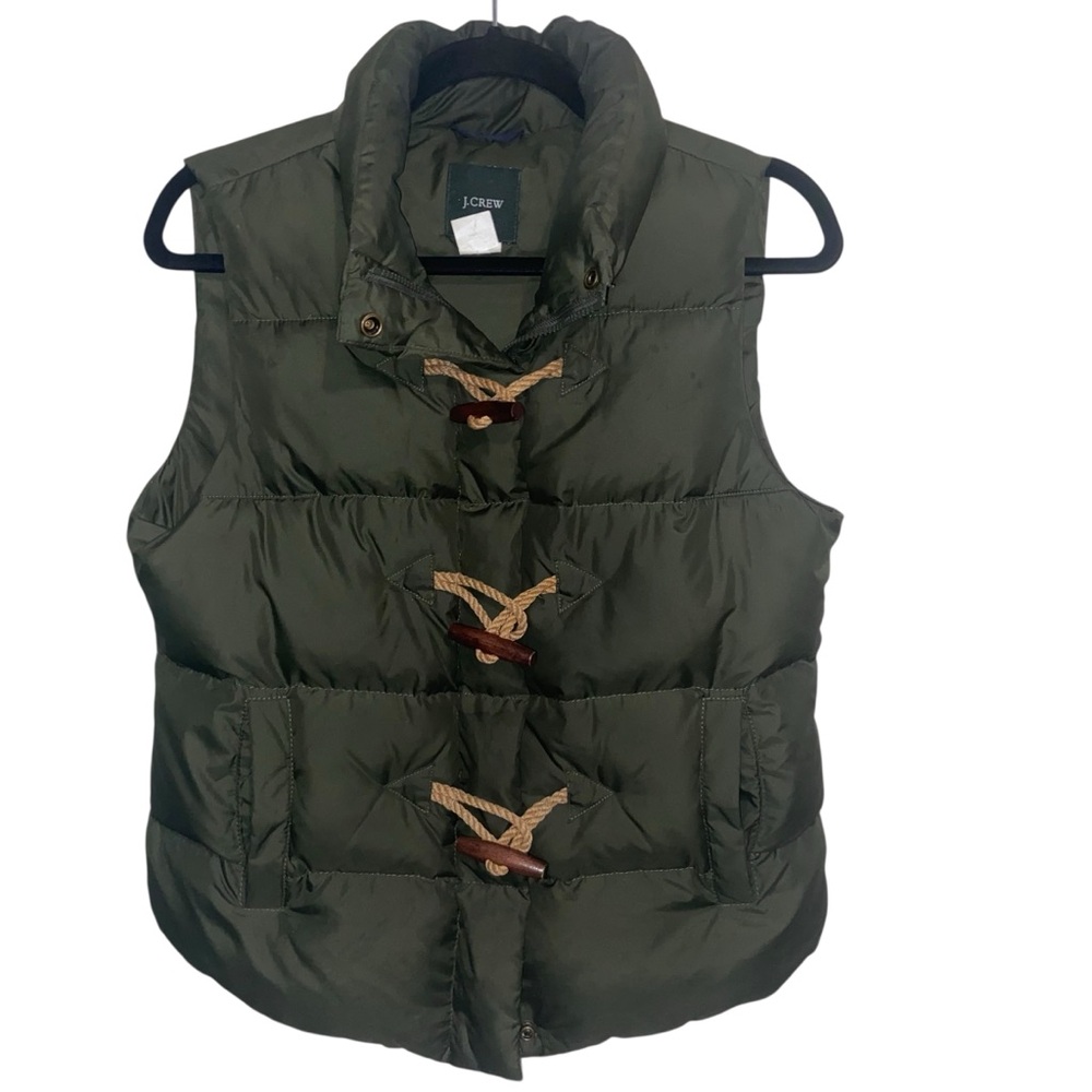 J Crew Vest Womens Small Green Puffer Down Toggle Zip Outdoor Gorpcore Pockets